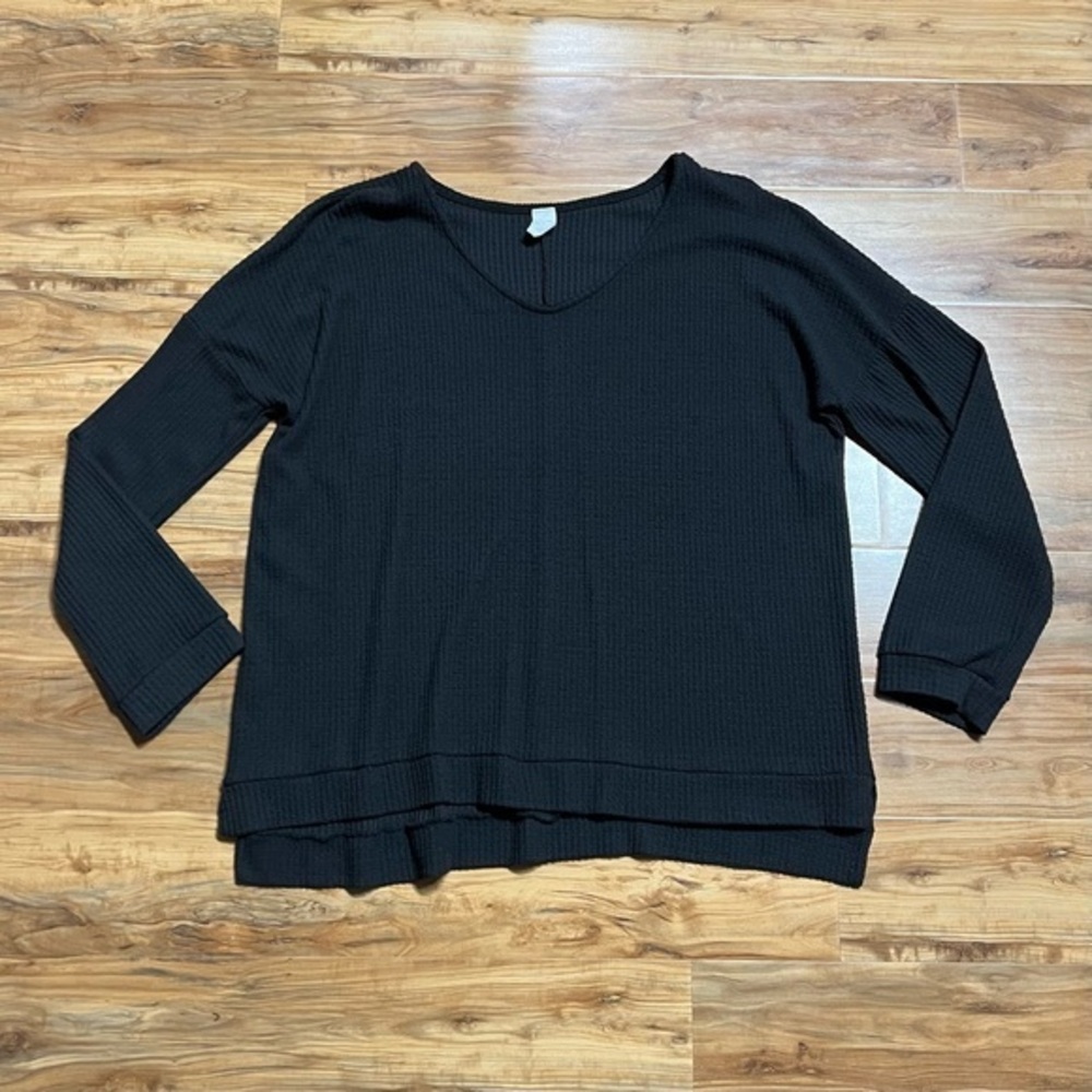 3x Womens Sew in Love Top Waffle Knit V Neck Black Long Sleeve
